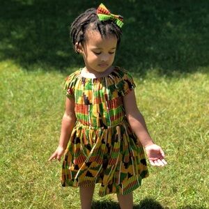 Brown and Orange Off-Shoulder Puff Sleeve Mini Sundress